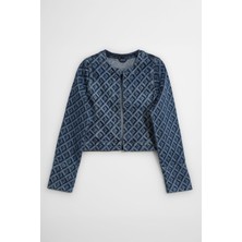 Kadın Modern Desenli Önü Açık Jean Ceket