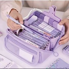 Kawaii Mor Renk Çok Bölmeli Büyük Kapasite Kalemlik Kalem Kutu Düzenleyici Makyaj Çantası