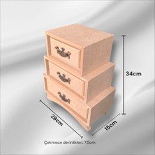 Ahşap Boyanabilir 3 Çekmeceli Kulplu Dekoratif Takı-Makyaj-Aksesuar Kutusu