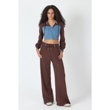 Whatsup Denim Detaylı Kapşonlu Crop Eşofman Takım - Mavi-Kahverengi Mavi-Kahverengi - Xs