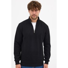Erkek Siyah Standart Fit Normal Kesim Pamuklu Yarım Fermuarlı Dik Yaka Pamuklu Sweatshirt