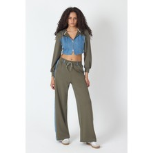 Whatsup Denim Detaylı Kapşonlu Crop Eşofman Takım - Mavi-Yeşil Mavi-Yeşil - Xs