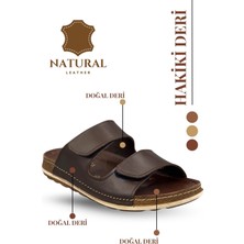 Hakiki Deri Erkek Terlik Çift Cırt Bantlı Ortopedik Rahat Taban Günlük Terlik cm Kahve