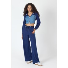 Whatsup Denim Detaylı Kapşonlu Crop Eşofman Takım - Mavi-Lacivert Mavi-Lacivert - Xs