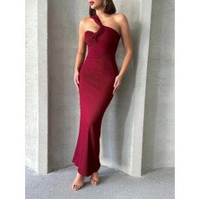 Krinkıl Tek Omuz Uzun Elbise Bordo S25455