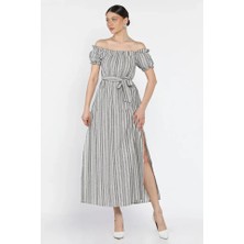 Madonna Yaka Midi Yırtmaçlı Kuşaklı Keten Elbise