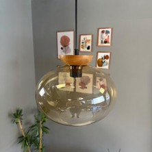 Solvia Cam Bal Rengi Tekli Avize Tabak Ahşap Başlık Retro Sarkıt Lamba Salon Aydınlatma