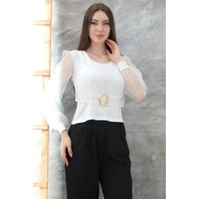 Tokalı Tül Kollu Bluz Beyaz T4071