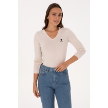U.S. Polo Assn. Kadın Krem V Yaka Basic Kazak 50307712-VR071