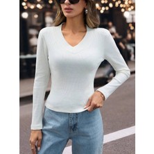 V Yaka Kaşkorse Bluz Beyaz W3817