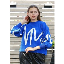 Beyaz Çizgili Bisiklet Yaka Kazak Saksmavisi