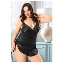 4226 Siyah Büyük Beden Dantelli Ip Askılı Sexy Saten Şortlu Gecelik