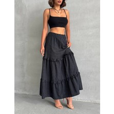 Fırfırlı Brodeli Astarlı Uzun Etek Siyah S255047