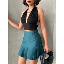 Pileli Düğmeli Etek Yeşil S24811