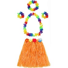 Msa-Shop Yetişkin ve Çocuk Uyumlu Luau Aloha Hawaii Turuncu Etek ve Renkli Kolye Taç 2 Adet Bileklik Seti