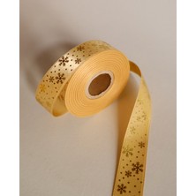Yılbaşı Temalı Saten Kurdele, Altın Varak Kar Desenli Hediye Paketleme Şeridi, Krem, 2.5cm x 20M