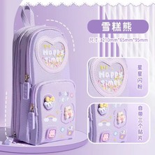 Kawai Sırt Çantası Görürnümlü 3dsticker Simli Mor Renk Kore Çok Bölmeli Büyük Kalemlik Kalem Kutu