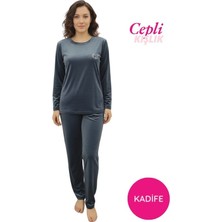 Bie's Kadın Mavi Bisiklet Yaka Ipeksi Fransız Kadife Cepli Kışlık Pijama Takımı