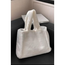 Bahels Beyaz Peluş Tote Omuz Çantası Günlük Kullanım İçin Yumuşak Dokulu 1. Sınıf Teddy Kumaş