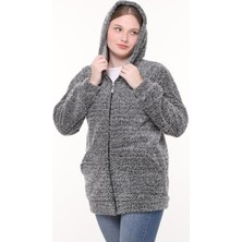 She Best Kapüşonlu Welsoft Peluş Gri Hırka - Cepli Kapüşonlu Fermuarlı Kışlık Peluş Gri Hırka Ceket