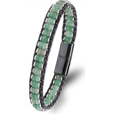 Moncuk Design Yeşil Aventurin & Hematit Çelik Örgülü Deri Bileklik 33512B22D5