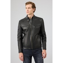 Derimod Jefferson Erkek Siyah Hakim Yaka Slim-Fit Deri Ceket 25WGF6584WF