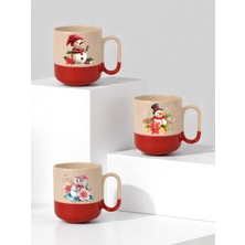 Lili Hediyelik Kardan Adam ve Çiçek Baskılı Kırmızı Tabanlı 3'lü Seramik Kupa Bardak