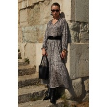 Tena Kadın Zebra Desen TN026 Yaka Bağlamalı Desenli Uzun Şifon Elbise