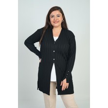 By Saygı Kadın Kol Düğme Detaylı Kalın Fitilli Likralı Büyük Beden Uzun Hırka