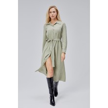 Bolivente Çağla Yeşili Regular Kemerli Gömlek Elbise