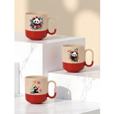 Lili Hediyelik Panda ve Çiçek Baskılı Kırmızı Tabanlı 3'lü Seramik Kupa Bardak