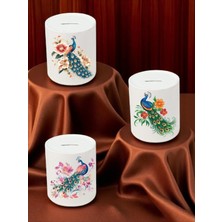 Lili Hediyelik Tavus Kuşu ve Çiçek Deseni Baskılı 3'lü Seramik Kumbara