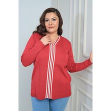 By Saygı Kadın V Yaka Önü Şeritli Fitilli Soğuk Iplik Büyük Beden Triko Bluz