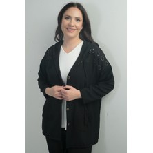 By Saygı Kadın Kapüşonlu Önü Düğmeli Cepli Fistolu Büyük Beden Hırka