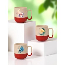 Lili Hediyelik Ay ve Çiçek Baskılı Kırmızı Tabanlı 3'lü Seramik Kupa Bardak