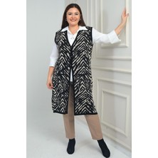 By Saygı Kadın Zebra Desenli Cepli Büyük Beden Likralı Uzun Triko Yelek