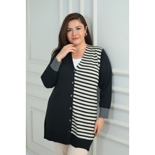 By Saygı Kadıntek Tarafı Enine Çizgili Büyük Beden Uzun Hırka