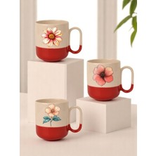 Lili Hediyelik Çiçek Baskılı 3'lü Kırmızı Tabanlı Seramik Kupa Bardak