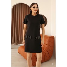 Moviment Siyah Süet Bisiklet Yaka Cepleri Taş Işlemeli Diz Üstü Kadın Elbise