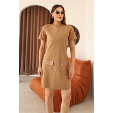 Moviment Vizon Süet Bisiklet Yaka Cepleri Taş Işlemeli Diz Üstü Kadın Elbise