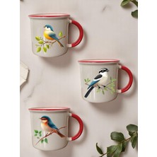 Lili Hediyelik Kuş Baskılı 3'lü Ağzı Kırmızı Seramik Kupa Bardak Hediyelik Kahve Bardağı