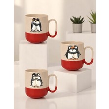 Lili Hediyelik Penguen Baskılı 3'lü Kırmızı Tabanlı Seramik Kupa Bardak