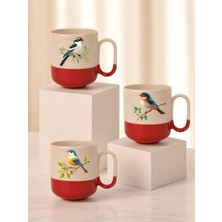 Lili Hediyelik Kuş Baskılı 3'lü Kırmızı Tabanlı Seramik Kupa Bardak