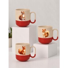 Lili Hediyelik Sincap Baskılı 3'lü Kırmızı Tabanlı Seramik Kupa Bardak