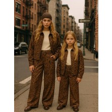 Zekids Kız Çocuk Leopar Desenli Süet Geniş Paça Tasarım Pantolon