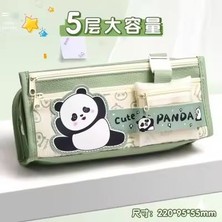 Panda Kawaii Haki Renk Çok Bölmeli Büyük Boy Kapasite Kalemlik Kalem Kutu Makyaj Çantası