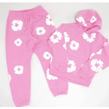 Amor Man Kids Face Özel Tasarım Kapüşonlu Bahar Çiçeği  Baskılı 3 Iplik Kız Çocuk Kışlık Luxury Eşofman Takımı