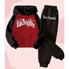 Kids Face Özel Tasarım Kapüşonlu Los Angeles Baskılı 3 Iplik Kışlık Modern Kız Çocuk Eşofman Takımı