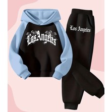 Kids Face Özel Tasarım Kapüşonlu Los Angeles Baskılı 3 Iplik Kışlık Modern Kız Çocuk Eşofman Takımı