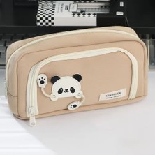 Panda Kawaii Bej Renk Çok Bölmeli Büyük Boy Kapasite Kalemlik Kalem Kutu Makyaj Çantası